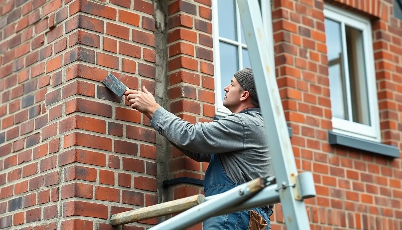 En murer i gråt arbejdstøj og strikhue står på et stillads og fører en fugeske op mod fugerne på hjørnet af en rød murstensfacade. Til højre i muren sidder et hvidt vindue.